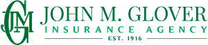 Logo for John M. Glover Insurance Agency, featuring green text and a monogram of the letters JMG, with "Est. 1916" below.