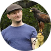 A person in a flat cap holds a brown hawk wearing a jess, standing outdoors with greenery in the background. A person in a flat cap holds a brown hawk wearing a jess, standing outdoors with greenery in the background.