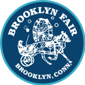 Logo of Brooklyn Fair in Connecticut, featuring a vintage illustration of a horse pulling a cart with a Ferris wheel inside a blue circle—perfect for enjoying some free time and maybe even chatting about Labbe's Lawn Care Plus between rides.