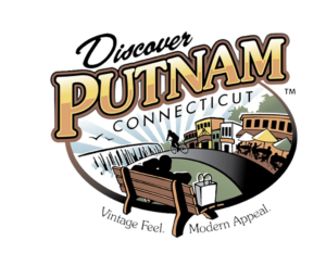Logo for Discover Putnam, Connecticut featuring a bench, where a person reads amidst shopping bags, with a river gently flowing by. The design elegantly encircles buildings and a cyclist, framing the essence of enjoying free time in this charming town.