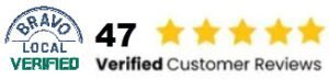 Bravo Local Verified badge, number 47, five yellow stars, and the text "Verified Customer Reviews.