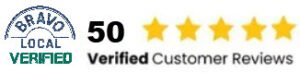 Bravo Local Verified badge, the number 50, five yellow stars, and the text "Verified Customer Reviews.