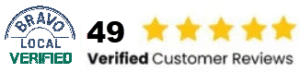 Bravo Local Verified badge, number 49, five gold stars, and the text "Verified Customer Reviews.