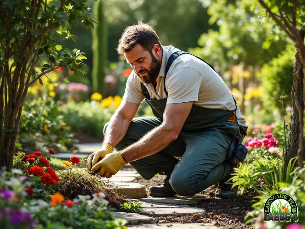 A man in overalls and gloves is kneeling on a garden path, tending to vibrant flowers and greenery on a sunny day.