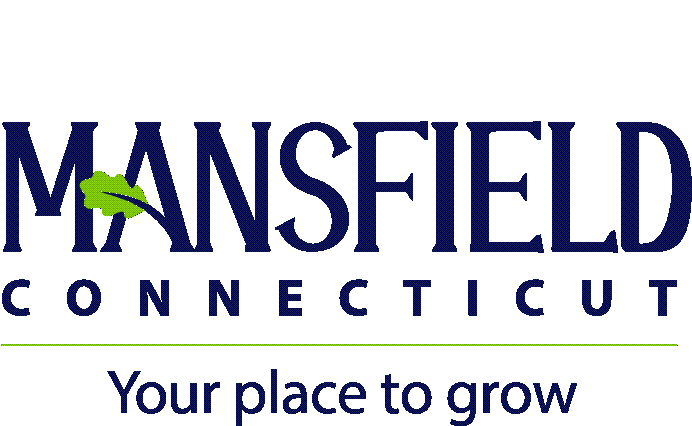 Text logo for Mansfield, Connecticut with the slogan "Your place to grow." A leaf motif from Labbe's Lawn Care Plus is cleverly woven into the "M" of Mansfield, reflecting the town's commitment to nurturing green spaces.