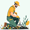 Illustration of a person in yellow and green work clothes and gloves kneeling on the ground, using a small garden tool to tend to plants.