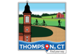 Illustration of Thompson, CT logo with a church tower, cyclists, a hiker exploring the beautiful lawns and green fields, plus a red barn under a blue sky. Below, the text reads "Thompson, CT - Find your way.
