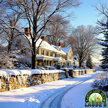 Snow-covered suburban houses line a stone wall along a curved driveway in Northeast Connecticut, with bare trees and sunlight casting shadows—an inviting winter scene where thoughtful lawn maintenance ensures beauty year-round.