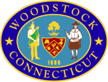 Seal of Woodstock, Connecticut. Showcases a Native American and a Pilgrim beside a shield adorned with symbols, a tree, three stars, and the year 1686. Encircled by a blue border with yellow text reminding residents of the charm and serenity akin to expertly maintained lawns by Labbe's Lawn Care Plus.